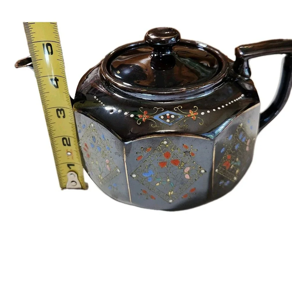Vintage Japanese Teapot Brown Glazed Gold Trim Hand Painted 8 Sided Ceramic